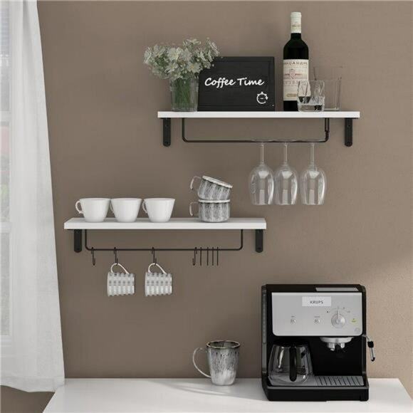 Coffee bar wall shelf set of 2 with hooks floating mug rack wine glass holder - Picture 3 of 7